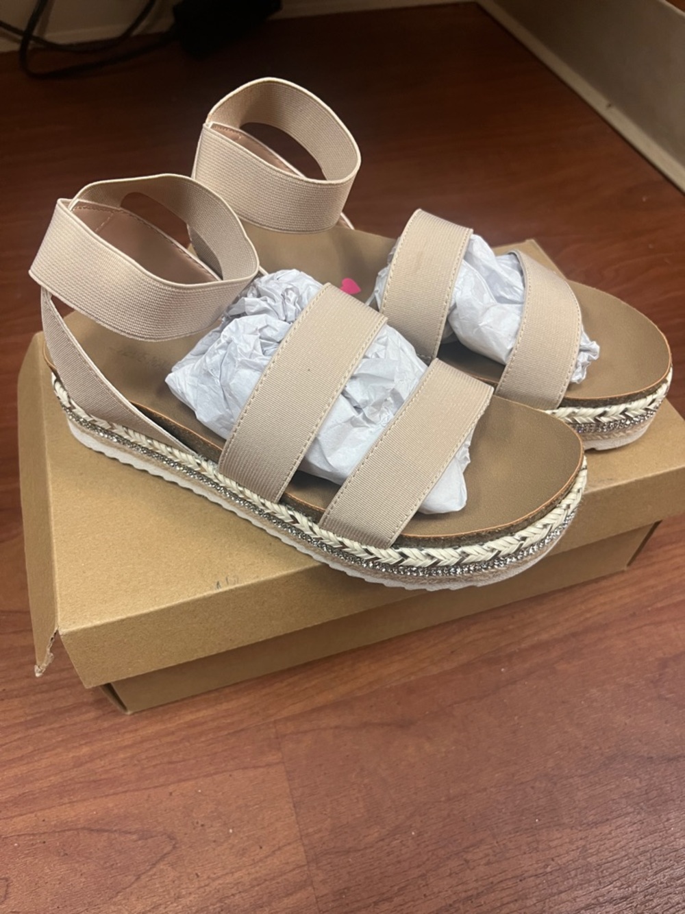 Beige Elastic Strap Platform Espadrille Sandals - Women